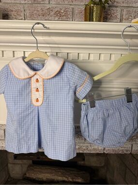 Blue Windowpane Girls Matching Set with White Peter Pan Collar